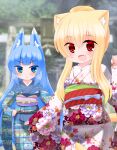  &gt;:) 2girls animal_ear_fluff animal_ears bangs blonde_hair blue_eyes blue_hair blue_kimono blunt_bangs blurry blurry_background blush cat_ears cat_girl cat_tail closed_mouth commentary_request day depth_of_field eyebrows_visible_through_hair fox_ears hair_between_eyes hand_on_hip hand_up highres japanese_clothes kanijiru kimono long_hair long_sleeves multiple_girls obi original outdoors pinching_sleeves red_eyes sash sleeves_past_wrists tail v-shaped_eyebrows very_long_hair white_kimono wide_sleeves 