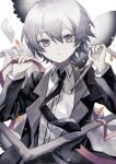  1boy androgynous grey_hair highres male_focus namiki_itsuki necktie original pale_skin picture_frame purple_eyes ribbon ribbon_(kirby) white_hair 