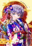  1girl 2022 animal animal_on_shoulder bangs blue_eyes blue_kimono blush chinese_zodiac closed_mouth commentary_request egasumi eyebrows_visible_through_hair floral_print fujima_takuya gloves grey_hair hagoita hair_between_eyes happy_new_year highres holding japanese_clothes kimono long_hair long_sleeves new_year obi original paddle print_kimono red_gloves sash smile solo tiger twitter_username upper_body very_long_hair wide_sleeves year_of_the_tiger 