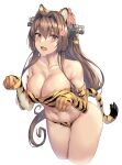  1girl animal_ear_fluff animal_ears animal_print bangs bare_shoulders bikini breasts brown_hair cleavage collarbone cropped_legs elbow_gloves fangs flower gloves grey_background hair_flower hair_intakes hair_ornament hands_up headgear highres kantai_collection kokuzou large_breasts leaning_forward long_hair looking_at_viewer navel open_mouth ponytail red_hair simple_background solo striped striped_bikini striped_gloves swimsuit tail tassel thighs tiger_ears tiger_print tiger_stripes tiger_tail very_long_hair yamato_(kancolle) 