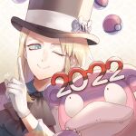  1boy 2022 avery_(pokemon) black_headwear black_jabot blonde_hair blue_eyes closed_mouth commentary_request eyelashes floating floating_object galarian_slowbro gloves hand_up hat jabot jandara_rin long_hair male_focus one_eye_closed poke_ball poke_ball_(basic) pokemon pokemon_(creature) pokemon_(game) pokemon_swsh shirt signature smile telekinesis top_hat white_gloves 