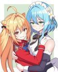  2girls ahoge bare_shoulders blonde_hair blue_bow blue_bowtie blue_hair blush border bow bowtie breasts brown_eyes buttons coat commentary_request detached_sleeves frilled_headwear frills green_background green_eyes hair_between_eyes highres hikikomari_kyuuketsuki_no_monmon hug kukokoko_(ukan2253) light_blue_hair light_blush light_smile long_hair long_sleeves looking_at_viewer maid multiple_girls outside_border red_coat red_uniform short_hair sidelocks simple_background smile teeth terakomari_gandezblood upper_body villhaze white_background white_border 