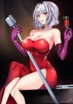  1girl breasts champagne_flute cleavage collarbone commission covered_navel crossed_legs cup dress drinking_glass english_commentary grey_hair highres holding holding_cup holding_microphone kamishiro_rita large_breasts looking_at_viewer microphone nyctea_snow open_mouth prism_project red_dress second-party_source short_hair signature sitting solo sparkle virtual_youtuber 