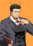  1boy bara black_hair black_jacket black_pants black_vest book buttons closed_mouth collared_shirt facial_hair formal halo highres holding holding_book jacket large_pectorals looking_at_viewer male_focus muscular muscular_male necktie nizitarosan official_alternate_costume open_clothes open_jacket pants pectorals shirt short_hair simple_background solo stubble tokyo_afterschool_summoners vest white_shirt yellow_eyes zabaniya_(housamo) 