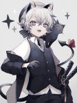  1boy androgynous animal_ears black_cat blue_eyes cat cat_boy cat_ears demon_tail dual_wielding gloves hat highres holding namiki_itsuki original pale_skin sword tail weapon white_hair 