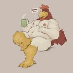  anthro avian avian_caruncle bedroom_eyes belly beverage bird chicken coffee coffee_cup coffee_mug comb_(anatomy) container cup dewlap_(anatomy) dialogue digital_media_(artwork) english_text feathers foghorn_leghorn galliform gallus_(genus) hand_on_belly head_crest hi_res holding_object looking_at_viewer looney_tunes male minedoo musclegut muscular narrowed_eyes navel nipples nude overweight phasianid pink_nipples seductive simple_background sitting smile smiling_at_viewer solo speech_bubble steam talking_to_viewer text thick_thighs warner_brothers wattle white_body 