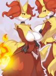  2021 absurd_res anthro areola arms_crossed_under_breasts biped black_body black_fur blush bodily_fluids breasts collar crossed_arms delphox digital_media_(artwork) ear_tuft female fire fur hi_res kame_3 multicolored_body multicolored_fur nintendo nipples pok&eacute;mon pok&eacute;mon_(species) red_body red_fur simple_background solo sweat sweatdrop tuft video_games white_background white_body white_fur yellow_body yellow_fur 
