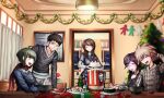  2boys 3girls :d ahoge bangs blue_sweater bowl braid brown_hair cake christmas_tree closed_eyes closed_mouth collared_shirt danganronpa:_trigger_happy_havoc danganronpa_(series) danganronpa_another_episode:_ultra_despair_girls english_commentary family food fukawa_touko grey_shirt hat indoors kfc long_hair long_sleeves mole mole_under_mouth multiple_boys multiple_girls naegi_komaru naegi_makoto open_mouth parent_and_child plate red_headwear red_scarf round_eyewear santa_hat scarf shirt short_hair siblings sitting smile standing sushi sweater table teeth titantwins upper_teeth 