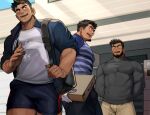  3boys bag bara beard black_hair black_pants black_shirt black_shorts blue_jacket blue_shirt blush box brown_pants day delivery employee_uniform facial_hair gloves goatee highres holding holding_box jacket large_pectorals looking_at_another male_focus multiple_boys muscular muscular_male open_clothes open_jacket open_mouth original outdoors package pants pectorals reward_available shirt short_hair shorts shoulder_bag sideburns smile tarutoru uniform white_gloves white_shirt 