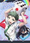  2boys absurdres ahoge arms_up badge bangs black_footwear black_hair black_necktie black_pants breast_pocket collared_shirt cropped_torso danganronpa_(series) danganronpa_2:_goodbye_despair dice formal green_necktie hair_between_eyes happy_birthday highres hinata_hajime kamukura_izuru long_hair multiple_boys murasaki_(deceive138) necktie pants pocket rainbow red_eyes shirt short_hair short_sleeves sitting suit teeth tongue upper_body 