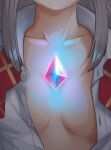  1girl alten artist_name breasts buttons cleavage gem glowing highres jewelry medium_breasts nia_(blade)_(xenoblade) nia_(xenoblade) open_clothes open_shirt ribbon shirt silver_hair solo white_shirt xenoblade_chronicles_(series) xenoblade_chronicles_2 