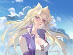  1girl absurdres animal bangs bare_shoulders bird blonde_hair breasts cleavage cloud cloudy_sky collarbone day detached_sleeves go_shika_anan highres jacket kujaku_mai large_breasts long_hair outdoors parted_bangs parted_lips purple_eyes purple_jacket shiny shiny_clothes sky sleeveless sleeveless_jacket solo teeth upper_body yu-gi-oh! 