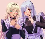  2girls 3_small_spiders absurdres ak-12_(girls&#039;_frontline) alternate_costume an-94_(girls&#039;_frontline) aqua_eyes bangs blonde_hair blush braid closed_mouth eyebrows_visible_through_hair food french_braid girls&#039;_frontline hair_between_eyes hair_ornament hairband hairclip highres holding holding_food holding_pocky long_hair looking_at_viewer maid multiple_girls open_mouth pink_background pocky pocky_day purple_eyes silver_hair smile upper_body 