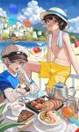  2boys baiyun_(13487) beach blue_eyes chinese_commentary city commentary_request eating food hat highres holding holding_food ice_cream multiple_boys original outdoors sitting swimsuit table topless_male water 