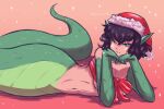  2021 apode breasts christmas clothing draconcopode female green_body green_scales hair hat headgear headwear hi_res holidays humanoid_pointy_ears lamia legless looking_at_viewer navel reptile scales scalie serpentine simple_background smile snake snow solo split_form trololohstuffs 