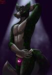  anthro bulge canid canine clothing fur hand_on_head hand_on_leg hand_on_thigh hermesdidit hi_res jockstrap male mammal nipples pose simple_background solo solo_focus spots spotted_body spotted_fur underwear 