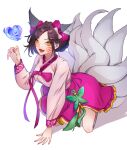  1girl ahri_(league_of_legends) animal_ears bangs black_hair bow dynasty_ahri ear_bow facial_mark fang fox_ears fox_tail grey_background hair_ornament hair_stick heart highres kneeling korean_clothes kyoungi_nyang league_of_legends long_sleeves nail_polish official_alternate_costume parted_bangs pink_bow pink_nails short_hair simple_background smile solo tail vastaya whisker_markings 