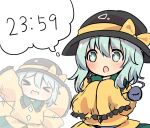  &gt;_&lt; +_+ 1girl :3 aqua_eyes aqua_hair bangs black_headwear blouse blush buttons collared_blouse diamond_button eyeball flapping frilled_shirt_collar frilled_sleeves frills green_skirt hair_between_eyes hat hat_ribbon komeiji_koishi long_sleeves medium_hair open_mouth ribbon rpameri simple_background skirt sleeves_past_fingers sleeves_past_wrists smile third_eye touhou wavy_hair white_background wide_sleeves yellow_blouse yellow_ribbon 