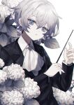  1boy androgynous bouquet conductor flower grey_hair highres hydrangea male_focus namiki_itsuki original pale_skin purple_eyes rain white_hair 