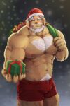 1boy abs absurdres animal_ears bara beard box brown_fur bulge chest_hair chizo_(chizo67) christmas cowboy_shot dog_boy dog_ears facial_hair fluffy furry furry_male gift gift_box hat highres incoming_gift large_pectorals male_focus mature_male muscular muscular_male mustache navel navel_hair nipples original pectorals red_shorts santa_costume santa_hat short_hair shorts sideburns snowing solo stomach thick_eyebrows thick_thighs thighs topless_male white_hair 