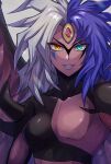  1other bangs breasts demon_boy demon_girl duel_monster hetero highres lipstick makeup mikami_(mkm0v0) multicolored_hair purple_hair solo split-color_hair third_eye upper_body white_hair yu-gi-oh! yu-gi-oh!_gx yubel 