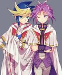  2boys bangs blonde_hair borrowed_garments feet_out_of_frame looking_at_another male_focus mikami_(mkm0v0) multicolored_hair multiple_boys one_eye_closed pants purple_hair simple_background two-tone_hair upper_body walking white_pants yu-gi-oh! yu-gi-oh!_arc-v yuugo_(yu-gi-oh!) yuuto_(yu-gi-oh!) 