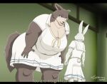  beastars big_breasts bodily_fluids bottomwear breasts canid canine canis clothing dialogue duo fat_arms female fur haru_(beastars) huge_breasts juno_(beastars) lagomorph leporid long_ears looking_at_another looking_down looming mammal multicolored_body multicolored_fur overweight overweight_female rabbit school_uniform signature size_difference skirt sweat sweatdrop thick_thighs two_tone_body two_tone_fur uniform wide_hips wolf xxsparcoxx 