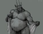 2023 abdominal_bulge anthro belly big_belly body_hair bottomwear chest_hair clothing deer hairy_belly kent_(pacific_coyote) male mammal monochrome musclegut muscular navel pacific_coyote painting_(artwork) signature solo towel tribal tribal_clothing