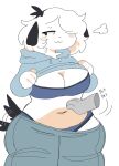  2021 :3 anthro belly big_belly big_breasts biped black_ears black_tail blue_bottomwear blue_bra blue_clothing blue_hoodie blue_panties blue_pants blue_topwear blue_underwear blush bottomwear bra breasts breath canid canine canis chubby_female clothed clothing digital_media_(artwork) disembodied_hand domestic_dog english_text female floppy_ears front_view fur hair hair_over_eye half-closed_eyes hi_res hoodie kemono looking_aside looking_away mammal narrowed_eyes navel one_eye_obstructed overweight overweight_female panties pants petting petting_belly pink_belly portrait puppychan puppychan48 raised_clothing raised_hoodie raised_topwear shaded short_hair simple_background simple_shading slightly_chubby solo speech_bubble standing tail_motion tailwag text thick_thighs three-quarter_portrait topwear underwear white_background white_body white_fur white_hair wide_hips 