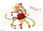  1girl 2022 absurdres animal_ear_fluff animal_ears animal_hands arm_up artist_name bell blonde_hair digitigrade fang food food_on_head fruit fruit_on_head full_body furry furry_female gold highres japanese_clothes jingle_bell koban_(gold) long_hair new_year nyamoriri object_on_head open_mouth orange_(fruit) original pink_eyes red_skirt sandals skirt smile solo tail tiger_ears tiger_girl tiger_tail v 