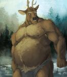 2024 abdominal_bulge anthro belly big_belly body_hair bottomwear chest_hair clothing deer forest hairy hairy_belly hi_res kent_(pacific_coyote) lake male mammal musclegut muscular navel nipples overweight pacific_coyote painting_(artwork) plant solo tree tribal tribal_clothing wide_hips