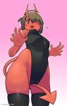  ? absurdres below blush bodystocking breasts confused down from hair highres horns looking oni pussy red short skin tail tairanamune thighhighs 