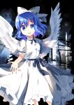  absurdres angel angel_wings black_ribbon black_sash blue_eyes blue_hair bow breasts buttons cowboy_shot eyebrows_visible_through_hair feathered_wings frilled_skirt frills hair_bow highres mai_(touhou) mystic_square open_mouth ougi_maimai puffy_short_sleeves puffy_sleeves ribbon sash shirt short_hair short_sleeves skirt small_breasts touhou touhou_(pc-98) white_bow white_shirt white_skirt white_wings wings 