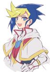  1boy bangs blonde_hair blue_hair blush borrowed_garments cropped_torso dyed_bangs green_eyes looking_at_viewer male_focus mikami_(mkm0v0) multicolored_hair smile solo spiked_hair two-tone_hair unfinished white_background yu-gi-oh! yu-gi-oh!_arc-v yuugo_(yu-gi-oh!) 