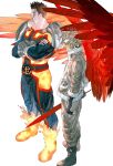  2boys beard blonde_hair boku_no_hero_academia boots burn_scar costume crossed_arms endeavor_(boku_no_hero_academia) facial_hair feathered_wings fingerless_gloves fire from_above fur-trimmed_jacket fur_trim gloves hawks_(boku_no_hero_academia) headphones highres jacket kataruruni male_focus mature_male multiple_boys muscular muscular_male red_feathers red_hair rimless_eyewear scar scar_across_eye scar_on_cheek scar_on_face scar_on_mouth size_difference skin_tight tinted_eyewear white_background wings 