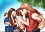  1boy 3girls blue_mary blush breasts capcom capcom_vs_snk_2 chun-li fatal_fury holding jealous ken_masters kiss long_hair multiple_girls shiranui_mai snk street_fighter surprised the_king_of_fighters watching 