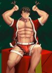  1boy abs absurdres antlers bara bare_pectorals blush bulge christmas erection erection_under_clothes facial_hair feet_out_of_frame hands_up highres jacket large_pectorals male_focus mature_male muscular muscular_male navel navel_hair nipples open_clothes open_jacket original pectorals reindeer_antlers santa_costume see-through_legwear short_hair sideburns solo stomach stubble tanglijianxue thick_eyebrows thick_thighs thighs 