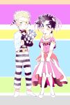  2boys battle_tendency black_hair blonde_hair blue_eyes blush bow bowtie caesar_anthonio_zeppeli clothes_lift crossdressing dress earrings facial_mark feather_hair_ornament feathers fingerless_gloves gloves green_eyes hair_ornament hat hat_removed headwear_removed holding holding_clothes holding_hat jewelry jojo_no_kimyou_na_bouken joseph_joestar joseph_joestar_(tequila) joseph_joestar_(young) lipstick makeup male_focus multiple_boys necklace pants pink_dress s_gentian skirt skirt_hold skirt_lift striped striped_pants top_hat 