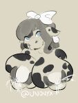  absurd_res animal_print anthro big_breasts blue_eyes bodily_fluids bovid bovine breast_grab breast_milking breasts cattle cow_print ear_piercing female hand_on_breast hi_res hooves huge_breasts lactating mammal milk piercing solo unonyx 