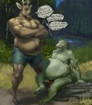 2024 abdominal_bulge anthro avian belly big_belly bird body_hair bottomwear chest_hair chris_(eyeseedee) clothing crossed_arms deer demin_shorts dialogue duo english_text eyewear forest glasses grass hairy_belly hi_res kent_(pacific_coyote) lake lizard log male male/male mammal musclegut muscular nature nature_background overweight pacific_coyote plant reptile scalie shirtless shorts shrub signature sitting text tree tribal tribal_clothing wide_hips wood