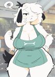  2021 :&lt; angry anthro big_breasts biped black_ears black_tail bone breasts canid canine canis clothed clothing digital_media_(artwork) domestic_dog female floppy_ears frown_eyebrows fur green_clothing grumpy hair hair_over_eye half-closed_eyes hand_on_leg hand_on_thigh hi_res holding_object huge_breasts kemono mammal narrowed_eyes one_eye_obstructed photo_background portrait puppychan puppychan48 redraw shaded short_hair simple_shading solo speech_bubble standing three-quarter_portrait waiter white_body white_fur white_hair wide_hips 