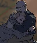  2boys bald black_shirt blonde_hair blurry blurry_background breaking_bad brown_footwear brown_pants closed_eyes collared_shirt facial_hair frown glasses grey_hoodie hair_behind_ear highres hood hood_down hoodie hug jesse_pinkman looking_down multiple_boys mustache nateyou open_mouth pants shirt shoes short_hair walter_white wrist_tattoo 