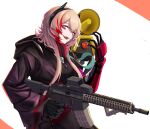  1girl 1other 3_small_spiders absurdres assault_rifle banana_(girls&#039;_frontline) bangs black_gloves black_jacket blonde_hair breasts eyebrows_visible_through_hair girls&#039;_frontline gloves gun hair_between_eyes headset highres holding holding_gun holding_weapon hood hooded_jacket jacket long_hair looking_at_viewer m4_sopmod_ii m4_sopmod_ii_(girls&#039;_frontline) mechanical_arms multicolored_hair open_mouth pink_eyes rifle single_mechanical_arm smile upper_body weapon white_background 