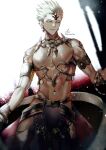  1boy abs armlet bare_pectorals blonde_hair fate/grand_order fate/grand_order_arcade fate_(series) feet_out_of_frame gilgamesh_(fate) glowing glowing_eyes groin highres hip_vent male_focus navel nebuchadenezzar_(fate) no_nipples official_alternate_costume pectorals revealing_clothes sakura_hitsuji smile solo spiked_hair thighs toned toned_male 