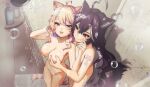  2girls 364ing01 absurdres ahoge animal_ear_fluff animal_ears black_hair blonde_hair breasts cat_ears cat_girl cat_tail colored_inner_hair completely_nude convenient_censoring facial_mark grabbing_another's_breast groping hair_between_eyes highres indie_virtual_youtuber long_hair medium_breasts momote_(vtuber) multicolored_hair multiple_girls nude purple_hair red_eyes second-party_source shared_bathing shower_(place) shower_head showering shyrei_faolan soap_bubbles soap_censor streaked_hair tail two-tone_hair virtual_youtuber whisker_markings white_hair yuri 
