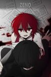  black_sweater blood braid clothing_cutout empty_eyes eyebrows_visible_through_hair hand_on_another&#039;s_face holding holding_knife knife maeno_aki papers red_hair sweater tsugino_haru ze_no_crime zeno 