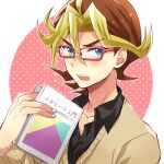  1boy alternate_costume bespectacled blonde_hair book breath brown_hair casual dyed_bangs glasses holding holding_book lowres male_focus mikami_(mkm0v0) multicolored_hair red-framed_eyewear sawatari_shingo solo two-tone_hair upper_body yu-gi-oh! yu-gi-oh!_arc-v 