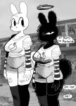  alternate_form anthro bandage bandaged_leg big_breasts black_and_white black_body black_clothing black_fur black_legwear black_stockings breasts building clothing digital_media_(artwork) english_text female fur halo hi_res humanoid_hands lagomorph legwear leporid looking_at_another looking_up mammal monochrome photo_background portrait puppychan48 rabbit scut_tail shirt short short_tail solo square_crossover standing stockings striped_sleeves symbol text three-quarter_portrait topwear vent white_body white_fur x_mouth 