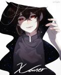  1boy black_hair cloak cloak_lift hand_up highres kohianji original pale_skin red_eyes smirk star_(sky) white_background 