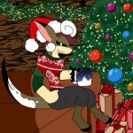  anthro black_eyes christmas christmas_clothing christmas_headwear clothed clothing gift hat headgear headwear hi_res holidays inside kangaroo macropod male mammal marsupial mug plant santa_hat solo tree wallyroo wallyroo_(character) 